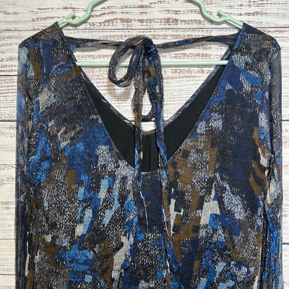 For Love & Lemons Navy Print Silk Leather Cuffs Back Tie V Neck Blouse Medium - Picture 7 of 14
